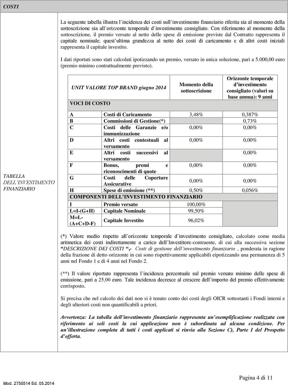 di caricamento e di altri costi iniziali rappresenta il capitale investito. I dati riportati sono stati calcolati ipotizzando un premio, versato in unica soluzione, pari a 5.