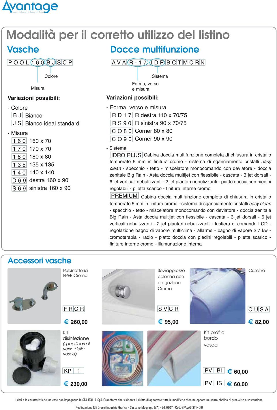 Forma, verso e misura R D 1 7 R S 9 0 C O 8 0 C O 9 0 R destra 110 x 70/75 R sinistra 90 x 70/75 Corner 80 x 80 Corner 90 x 90 - Sistema IDRO PLUS Cabina doccia multifunzione completa di chiusura in