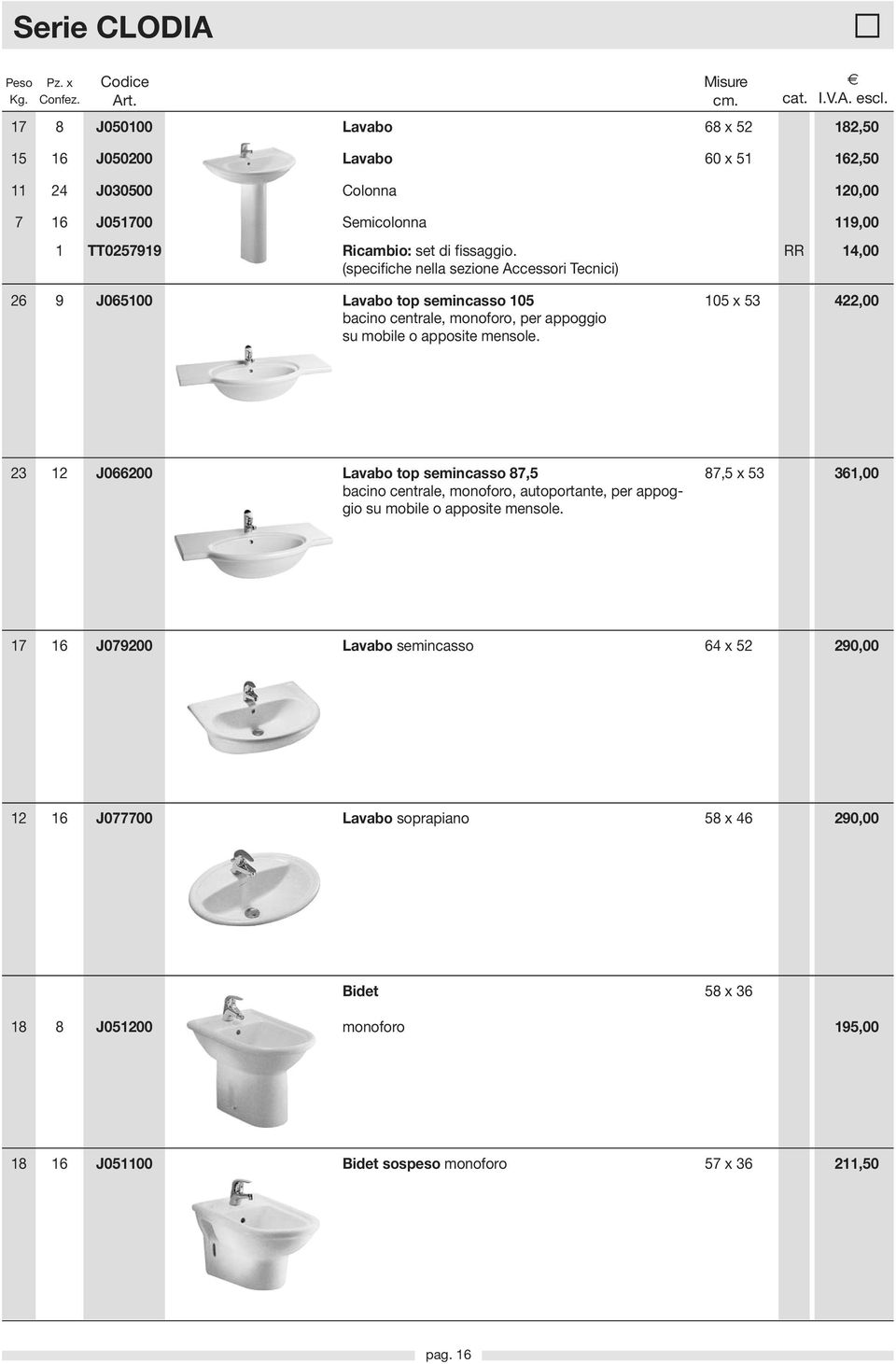 (specifiche nella sezione Accessori Tecnici) 119,00 14,00 26 9 J065100 Lavabo top semincasso 105 bacino centrale, monoforo, per appoggio su mobile o apposite mensole.