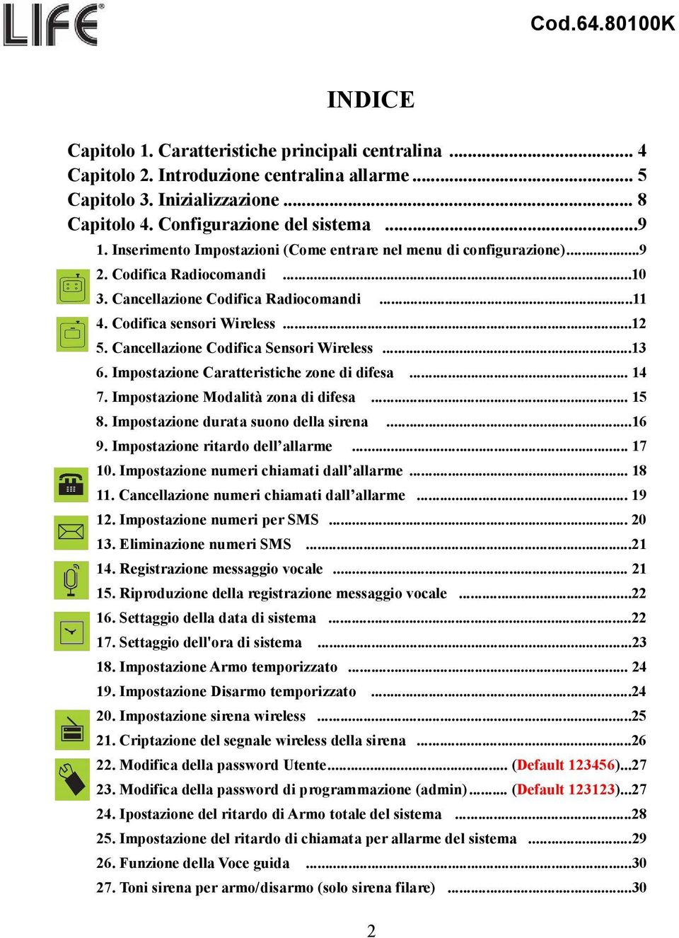 Cancellazione Codifica Sensori Wireless...13 6. Impostazione Caratteristiche zone di difesa... 14 7. Impostazione Modalità zona di difesa... 15 8. Impostazione durata suono della sirena...16 9.