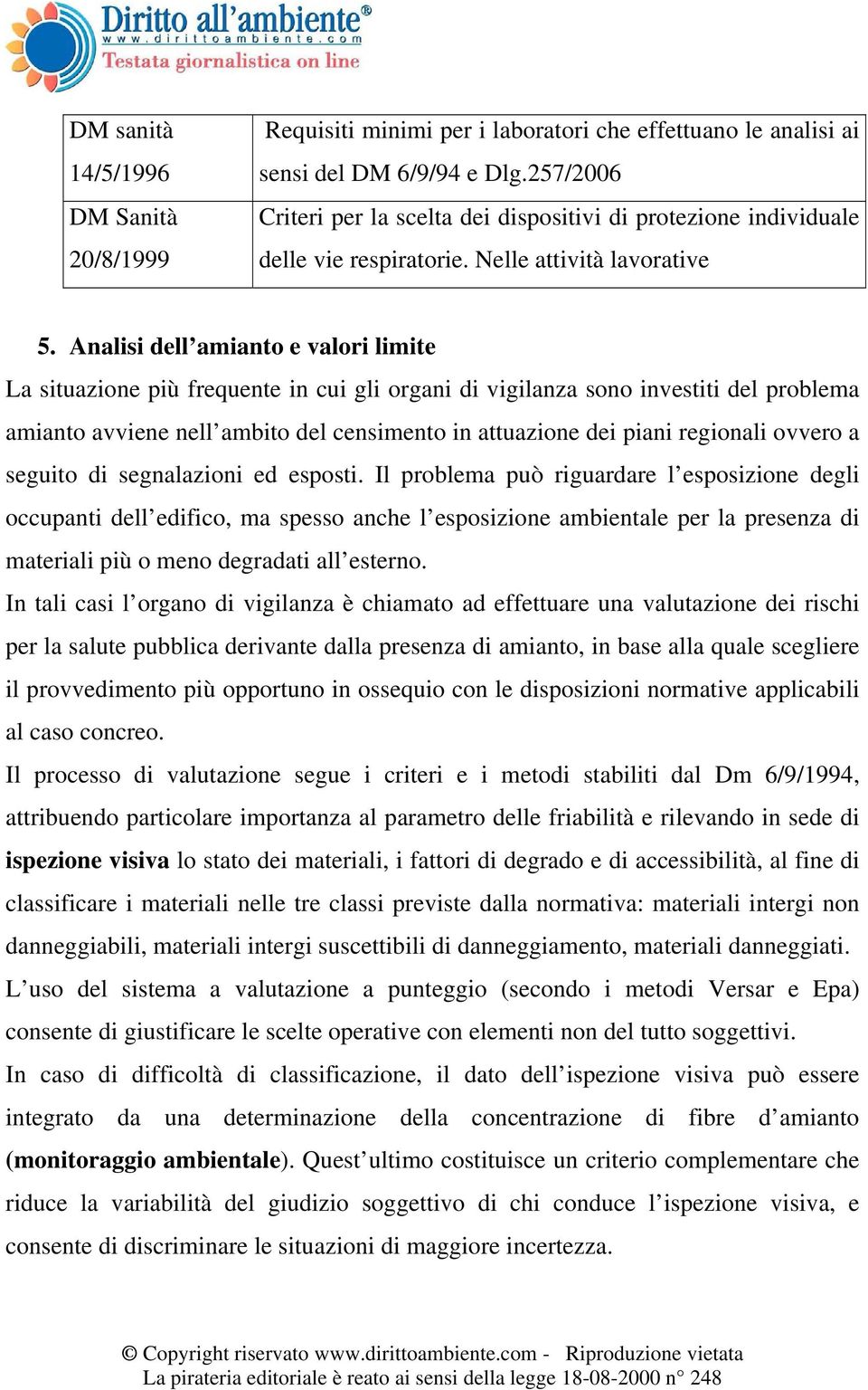 Analisi dell amianto e valori limite La situazione più frequente in cui gli organi di vigilanza sono investiti del problema amianto avviene nell ambito del censimento in attuazione dei piani