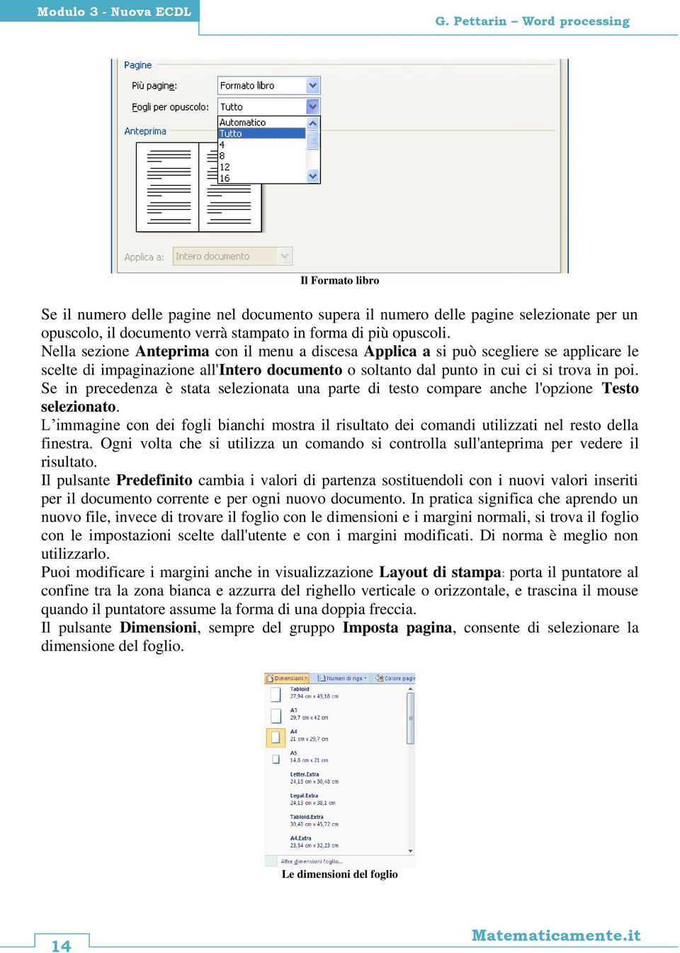 Nella sezione Anteprima con il menu a discesa Applica a si può scegliere se applicare le scelte di impaginazione all'intero documento o soltanto dal punto in cui ci si trova in poi.