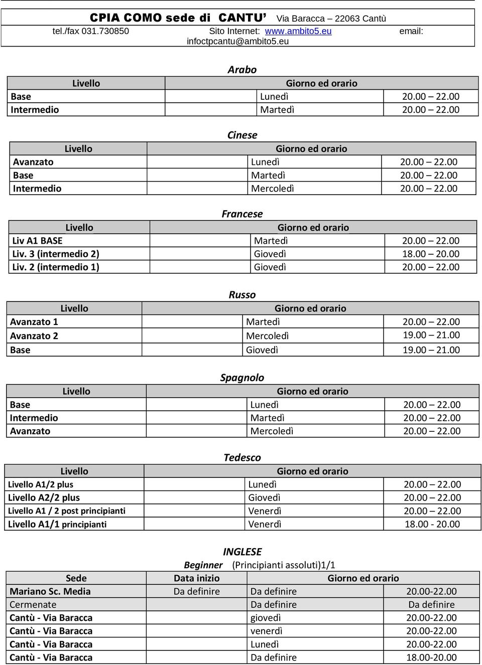 00 22.00 Intermedio Martedì 20.00 22.00 Avanzato Mercoledì 20.00 22.00 Tedesco A1/2 plus Lunedì 20.00 22.00 A2/2 plus Giovedì 20.00 22.00 A1 / 2 post principianti Venerdì 20.00 22.00 A1/1 principianti Venerdì.