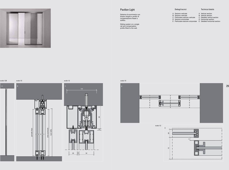 Dettagli tecnici A Sezione verticale B Sezione verticale C Particolare sezione verticale D Sezione orizzontale E Particolare sezione orizzontale
