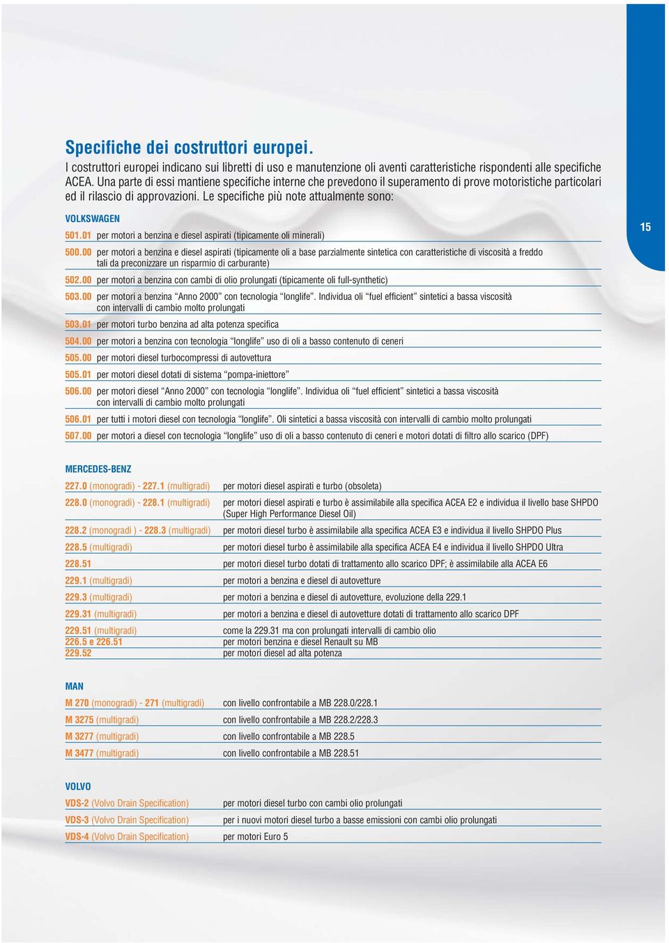 01 per motori a benzina e diesel aspirati (tipicamente oli minerali) 500.