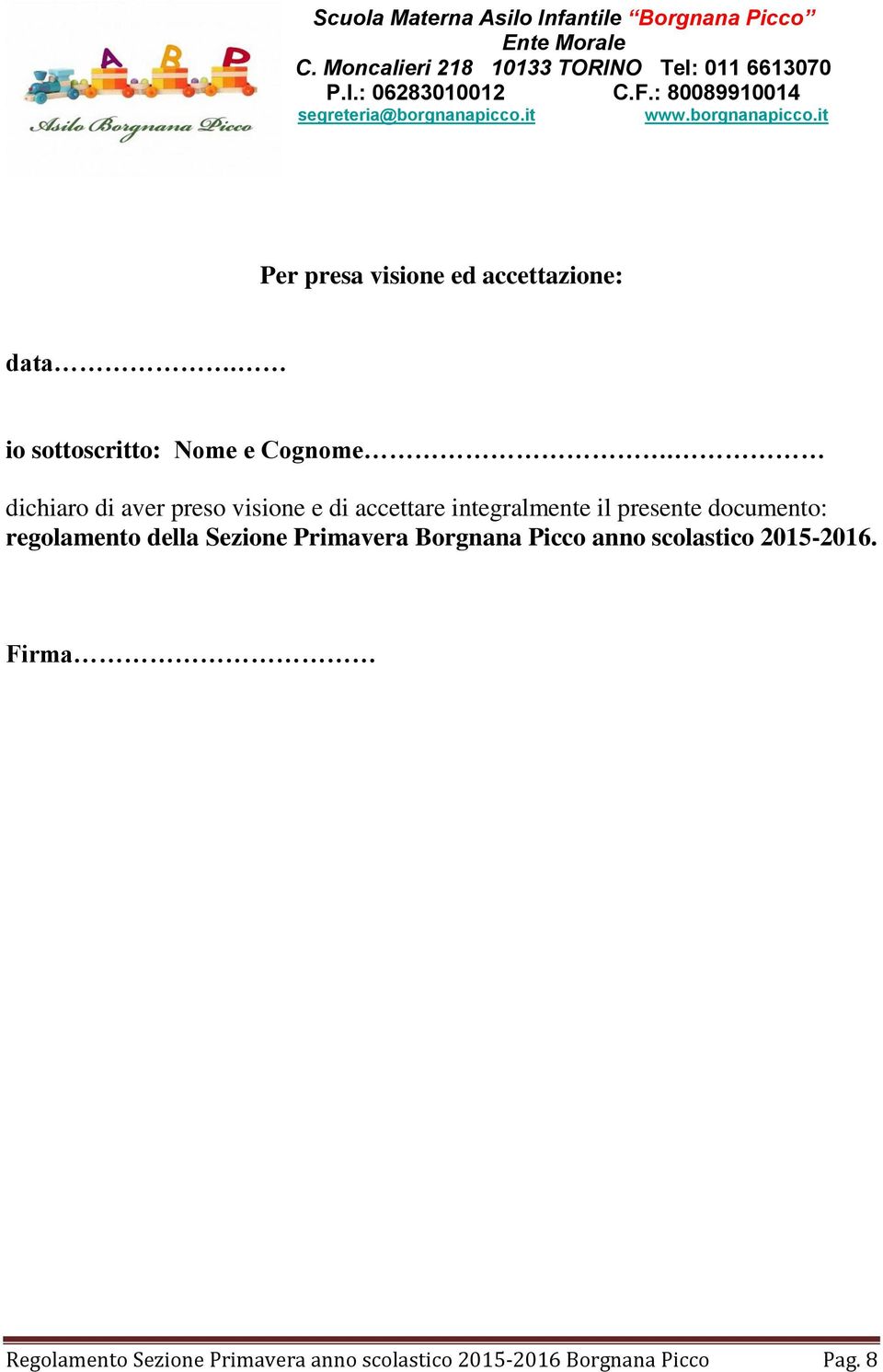 documento: regolamento della Sezione Primavera Borgnana Picco anno scolastico
