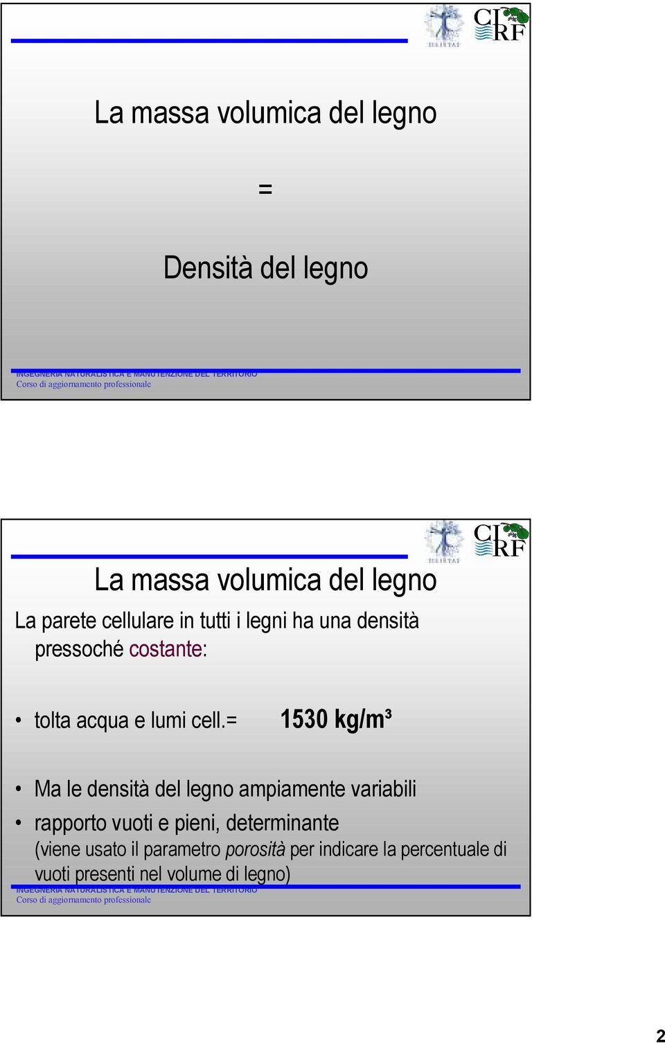 = 1530 kg/m³ Ma le densità del legno ampiamente variabili rapporto vuoti e pieni,