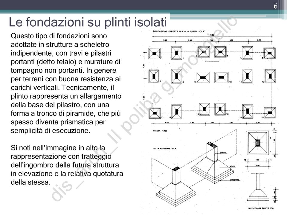 Tecnicamente, il plinto rappresenta un allargamento della base del pilastro, con una forma a tronco di piramide, che più spesso diventa prismatica