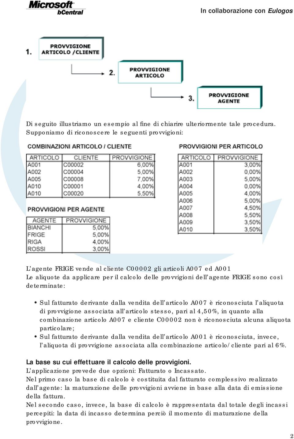 così determinate: Sul fatturato derivante dalla vendita dell articolo A007 è riconosciuta l aliquota di provvigione associata all articolo stesso, pari al 4,50%, in quanto alla combinazione articolo