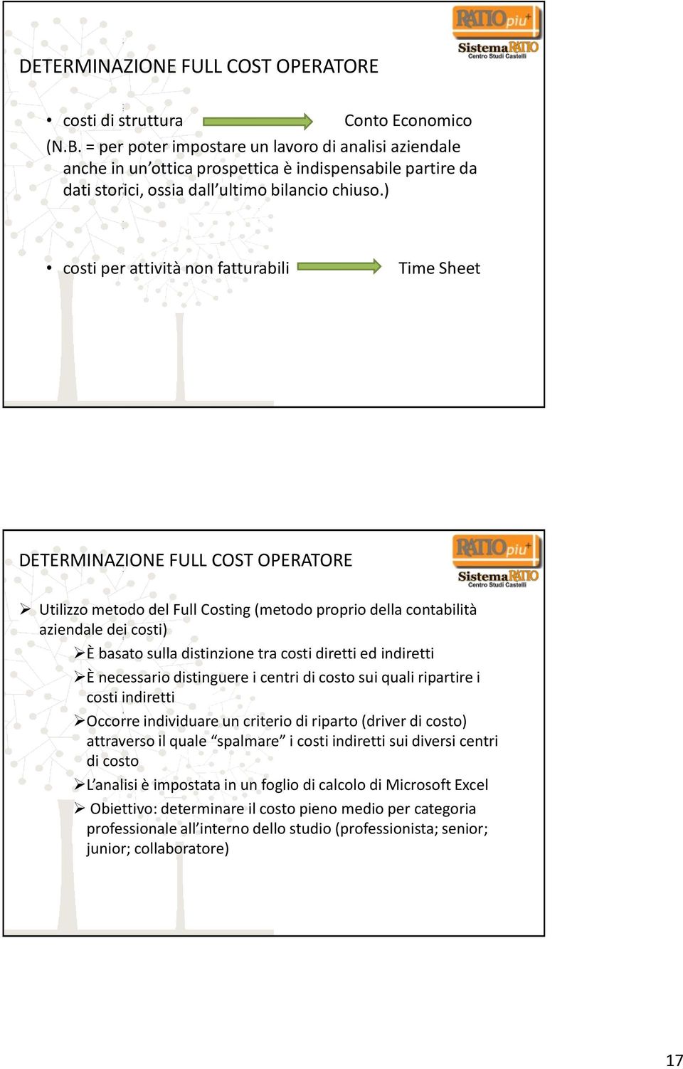 ) costi per attività non fatturabili Time Sheet DETERMINAZIONE FULL COST OPERATORE Utilizzo metodo del Full Costing (metodo proprio della contabilità aziendale dei costi) È basato sulla distinzione