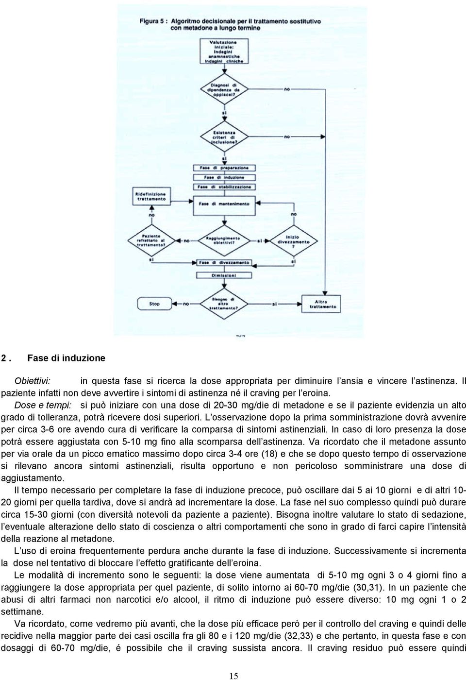 Dose e tempi: si può iniziare con una dose di 20-30 mg/die di metadone e se il paziente evidenzia un alto grado di tolleranza, potrà ricevere dosi superiori.