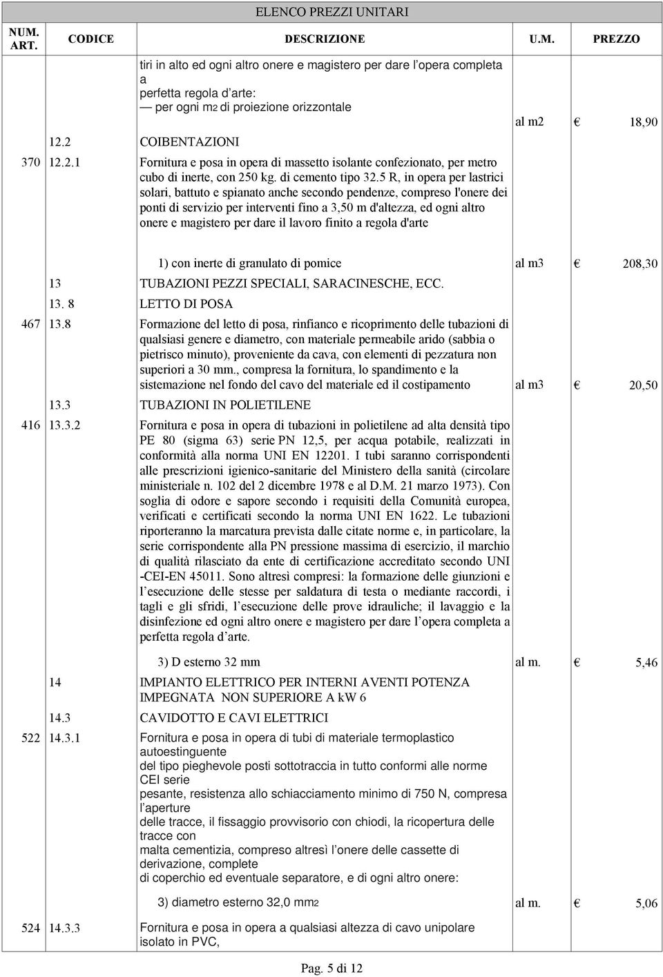 5 R, in opera per lastrici solari, battuto e spianato anche secondo pendenze, compreso l'onere dei ponti di servizio per interventi fino a 3,50 m d'altezza, ed ogni altro onere e magistero per dare