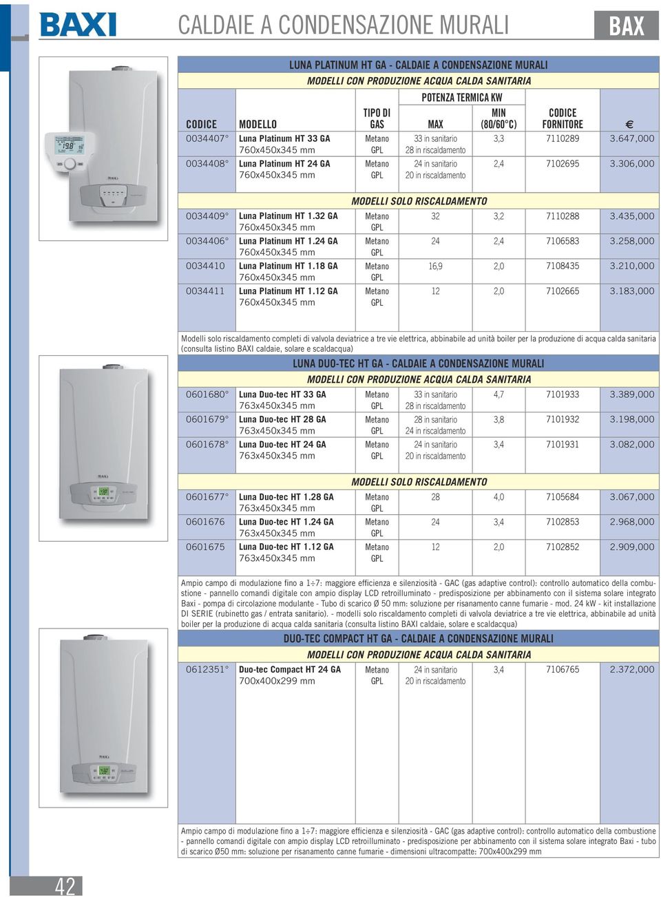 24 GA 0034410 Luna Platinum HT 1.18 GA 0034411 Luna Platinum HT 1.12 GA MODELLI SOLO RISCALDAMENTO 32 3,2 7110288 3.435,000 24 2,4 7106583 3.258,000 16,9 2,0 7108435 3.210,000 12 2,0 7102665 3.