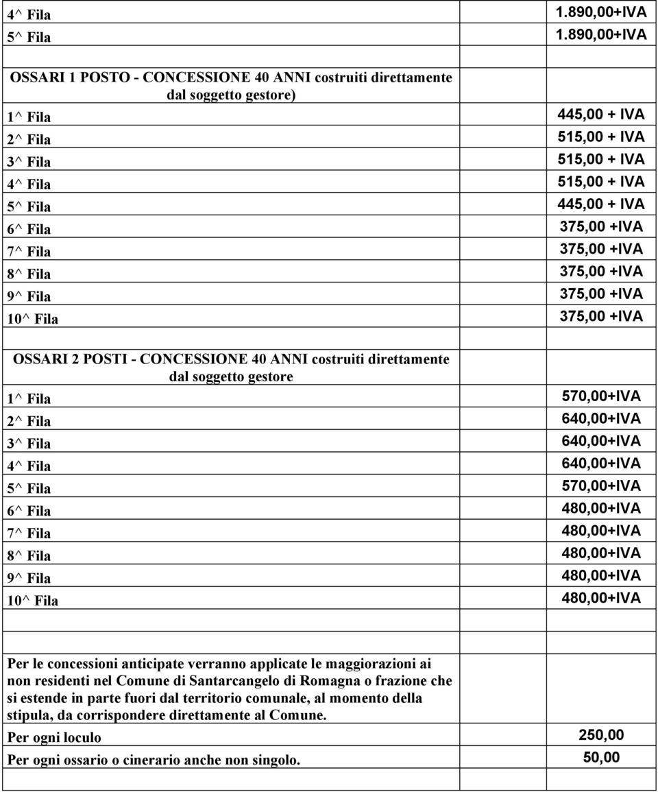 890,00+IVA 445,00 + IVA 515,00 + IVA 515,00 + IVA 515,00 + IVA 445,00 + IVA 570,00+IVA 640,00+IVA 640,00+IVA 640,00+IVA 570,00+IVA Per le concessioni anticipate verranno applicate le maggiorazioni ai