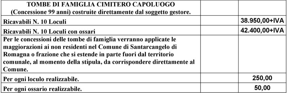 400,00+IVA Per le concessioni delle tombe di famiglia verranno applicate le maggiorazioni ai non residenti nel Comune di