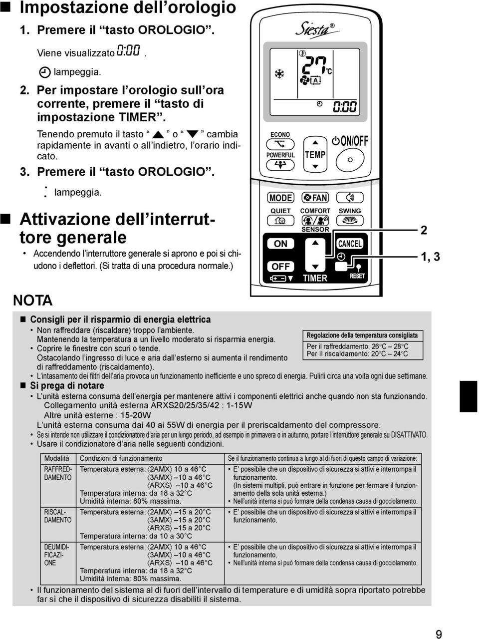 Attivazione dell interruttore generale Accendendo l interruttore generale si aprono e poi si chiudono i deflettori. (Si tratta di una procedura normale.