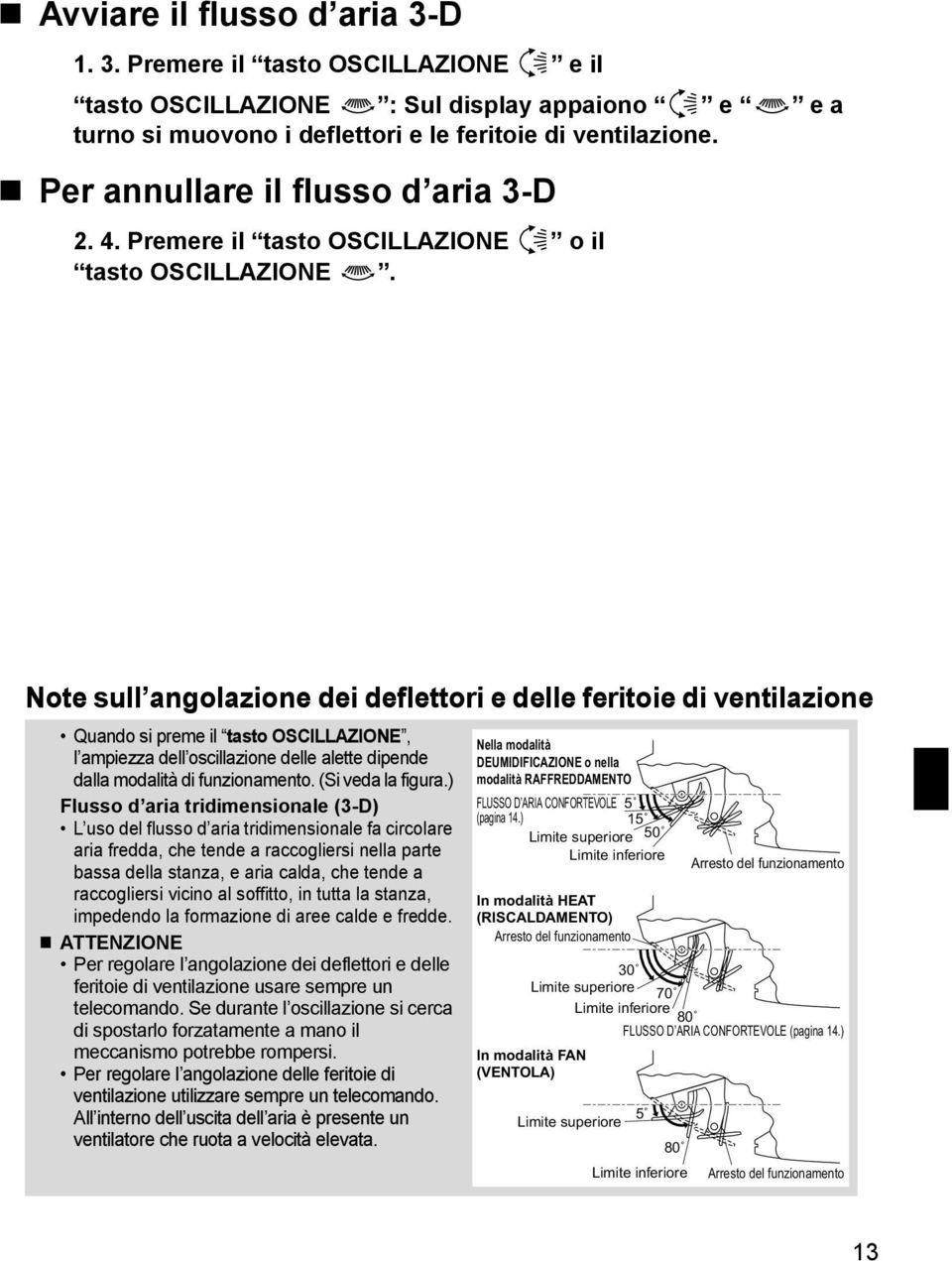 Note sull angolazione dei deflettori e delle feritoie di ventilazione Quando si preme il tasto OSCILLAZIONE, l ampiezza dell oscillazione delle alette dipende dalla modalità di funzionamento.