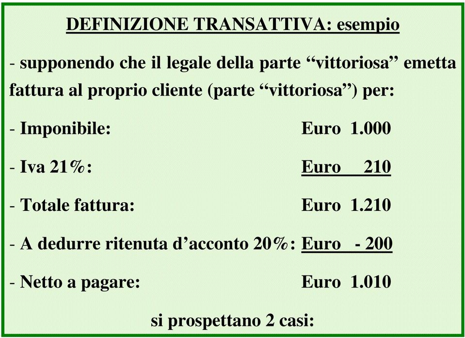 Imponibile: Euro 1.000 - Iva 21%: Euro 210 - Totale fattura: Euro 1.