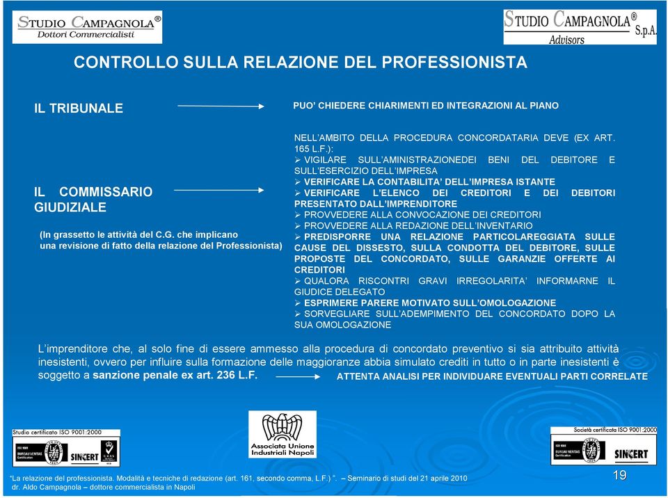 che implicano una revisione di fatto della relazione del Professionista) PUO CHIEDERE CHIARIMENTI ED INTEGRAZIONI AL PIANO NELL AMBITO DELLA PROCEDURA CONCORDATARIA DEVE (EX ART. 165 L.F.