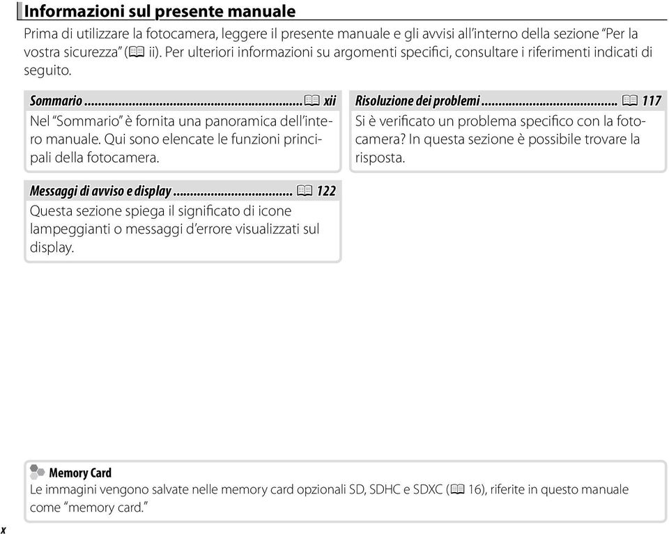 Qui sono elencate le funzioni principali della fotocamera. Risoluzione dei problemi... P 117 Si è verificato un problema specifico con la fotocamera? In questa sezione è possibile trovare la risposta.