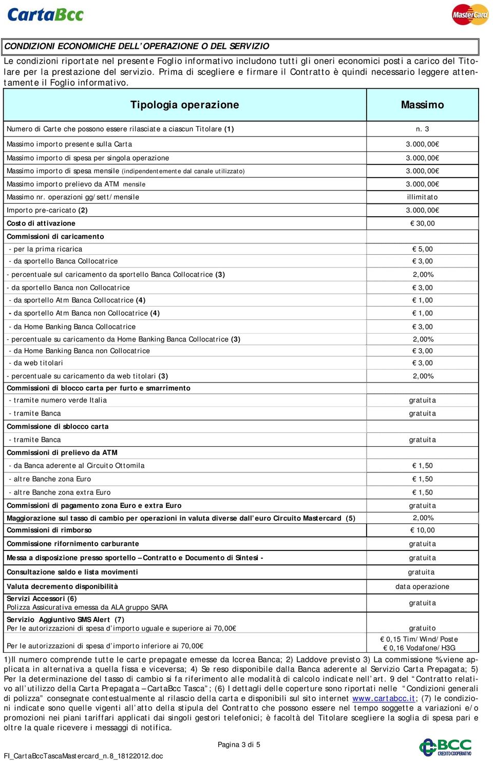 Tipologia operazione Massimo Numero di Carte che possono essere rilasciate a ciascun Titolare (1) n. 3 Massimo importo presente sulla Carta 3.000,00 Massimo importo di spesa per singola operazione 3.