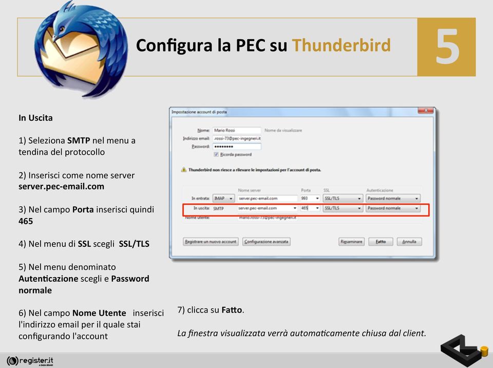 com 3) Nel campo Porta inserisci quindi 465 4) Nel menu di SSL scegli SSL/TLS 5) Nel menu denominato Auten:cazione