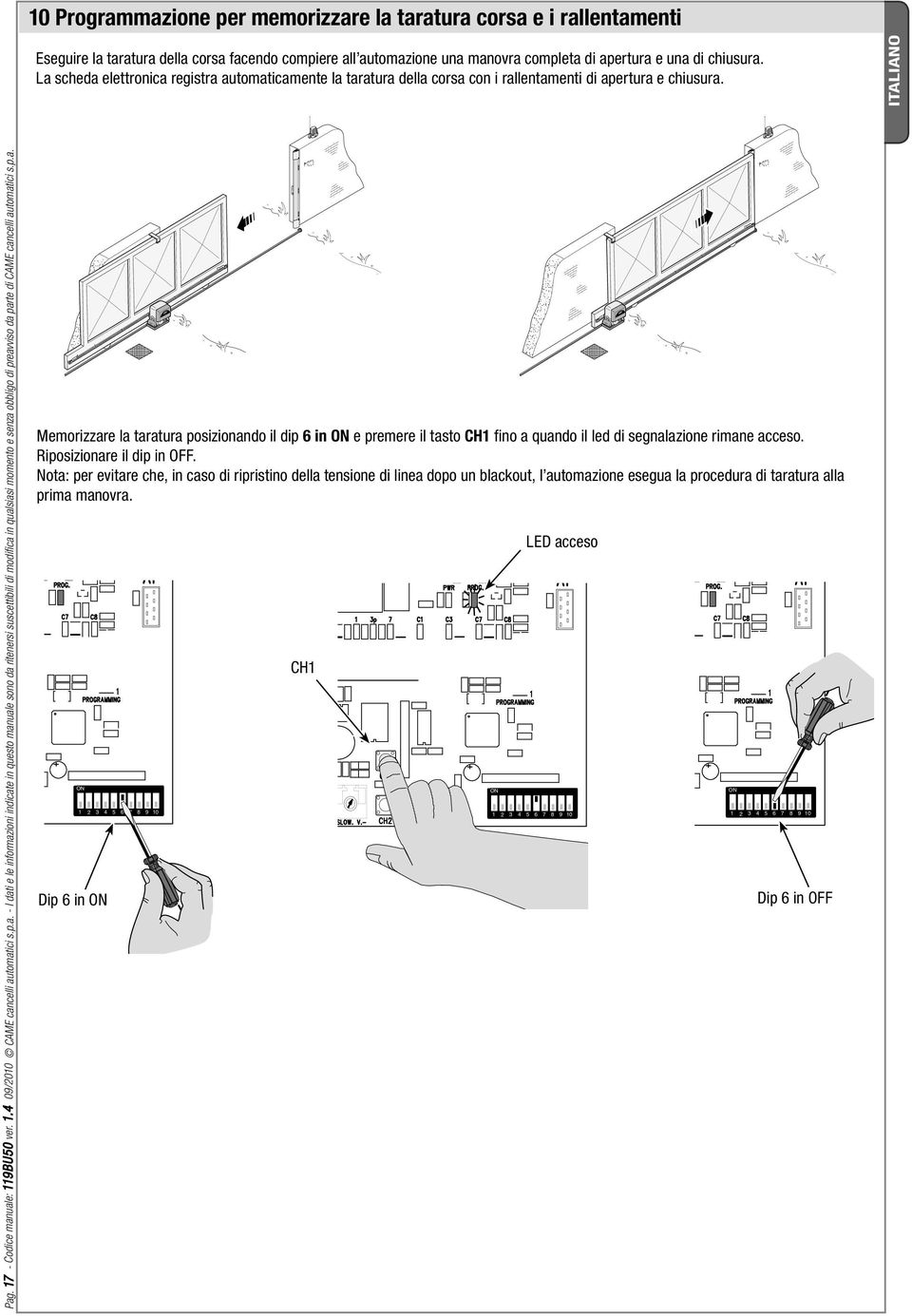 p.a. Memorizzare la taratura posizionando il dip 6 in ON e premere il tasto CH1 fino a quando il led di segnalazione rimane acceso. Riposizionare il dip in OFF.