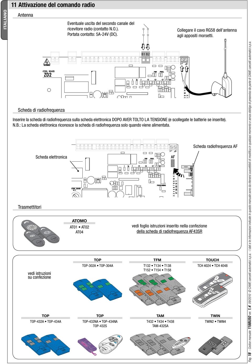 Scheda di radiofrequenza Inserire la scheda di radiofrequenza sulla scheda elettronica DOPO AVER TOLTO LA TENSIONE (e scollegate le batterie se inserite). N.B.