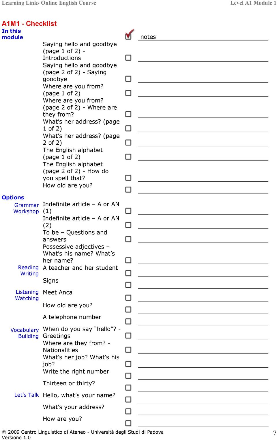 How old are you? notes Options Grammar Workshop Reading Writing Indefinite article A or AN (1) Indefinite article A or AN (2) To be Questions and answers Possessive adjectives What s his name?