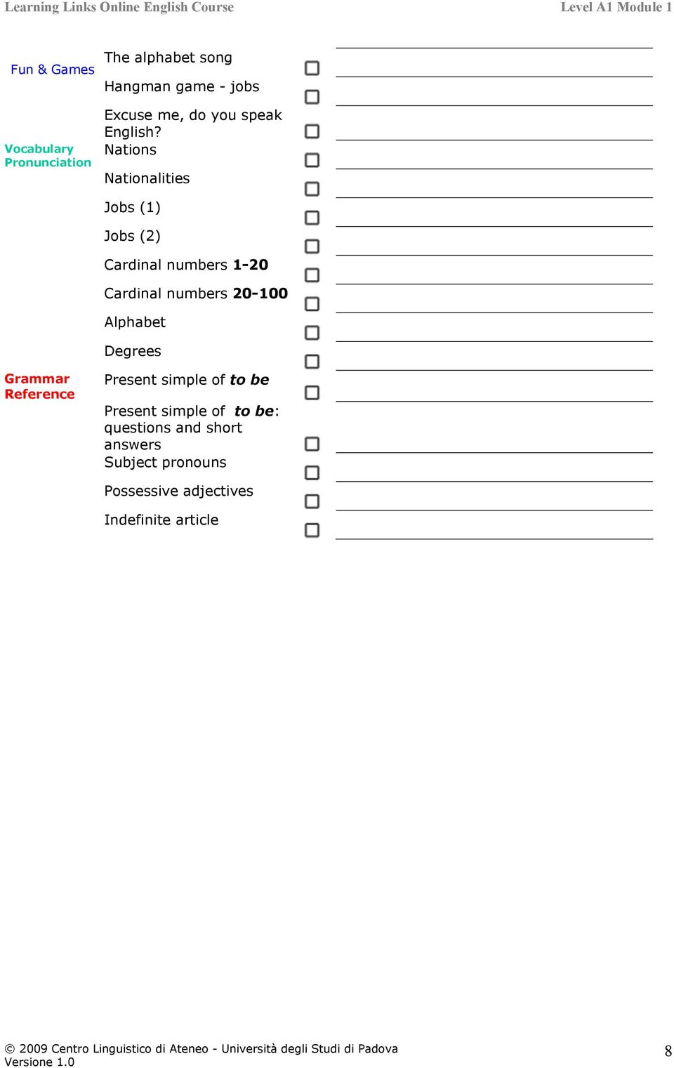 Cardinal numbers 20-100 Alphabet Degrees Grammar Reference Present simple of to be Present