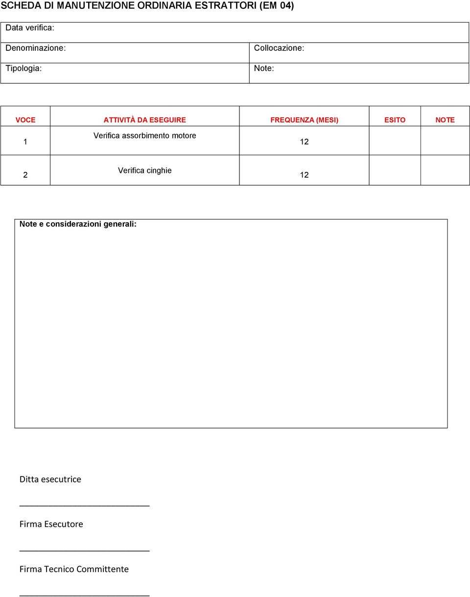 ESEGUIRE FREQUENZA (MESI) ESITO NOTE 1