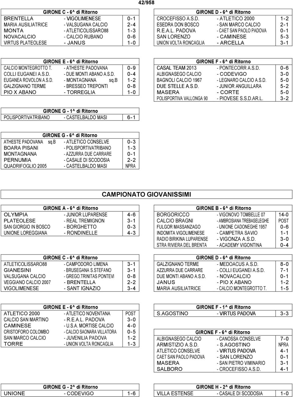 - ATHESTE PADOVANA 0-9 COLLI EUGANEI A.S.D. - DUE MONTI ABANO A.S.D. 0-4 EUGANEA ROVOLON A.S.D. - MONTAGNANA sq.