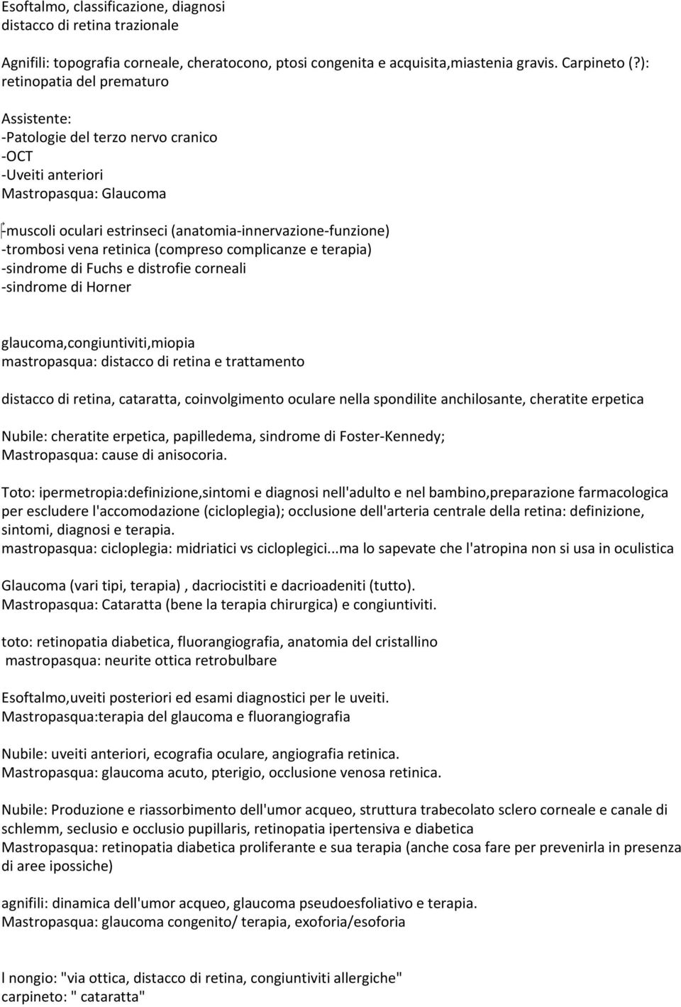 vena retinica (compreso complicanze e terapia) - sindrome di Fuchs e distrofie corneali - sindrome di Horner glaucoma,congiuntiviti,miopia mastropasqua: distacco di retina e trattamento distacco di