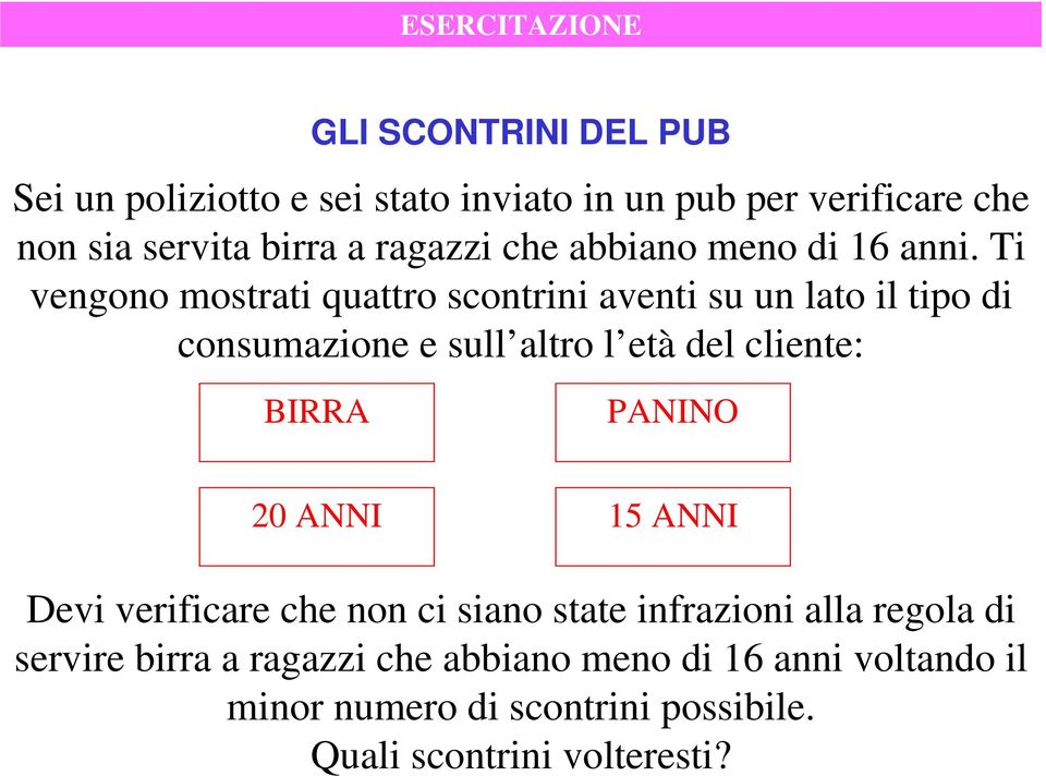 Ti vengono mostrati quattro scontrini aventi su un lato il tipo di consumazione e sull altro l età del cliente: BIRRA PANINO