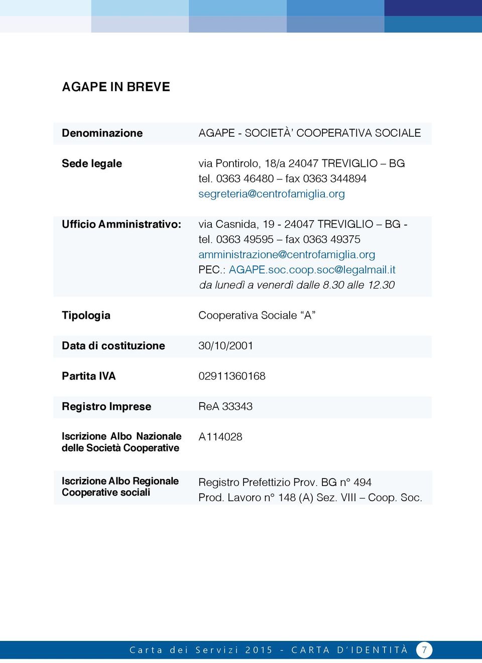 0363 49595 fax 0363 49375 amministrazione@centrofamiglia.org PEC.: AGAPE.soc.coop.soc@legalmail.it da lunedì a venerdì dalle 8.30 alle 12.