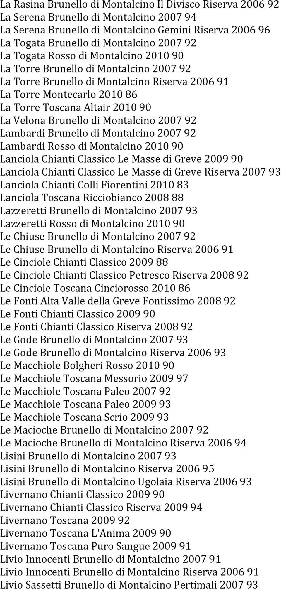 Brunello di Montalcino 2007 92 Lambardi Brunello di Montalcino 2007 92 Lambardi Rosso di Montalcino 2010 90 Lanciola Chianti Classico Le Masse di Greve 2009 90 Lanciola Chianti Classico Le Masse di
