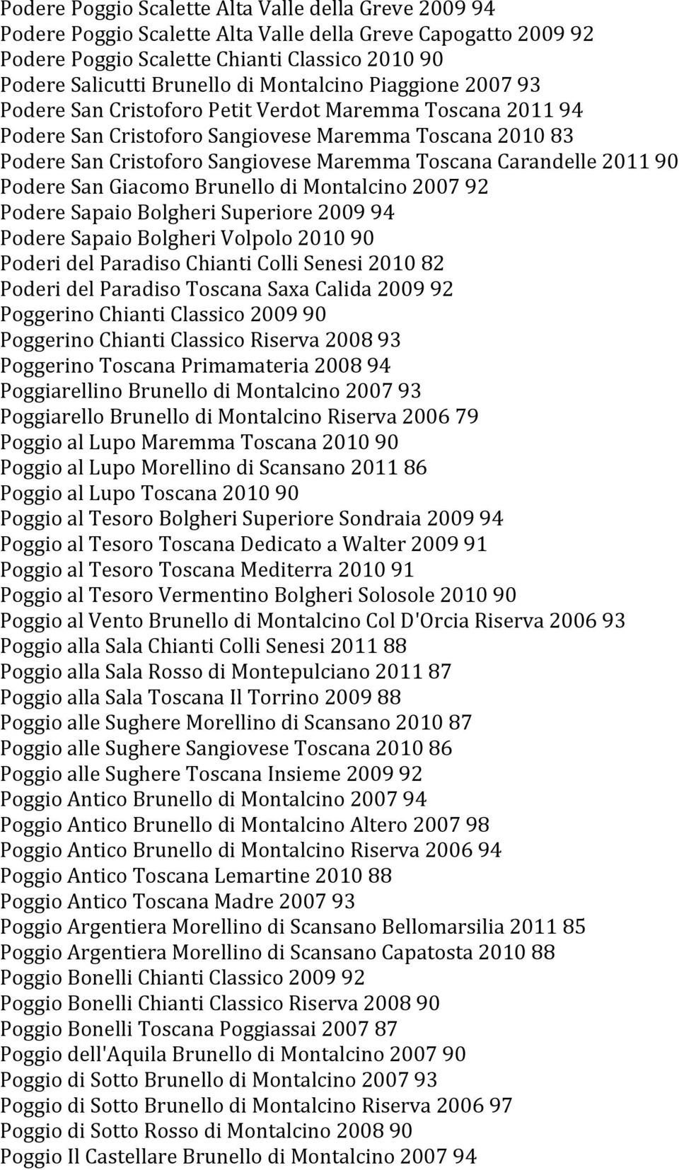 Carandelle 2011 90 Podere San Giacomo Brunello di Montalcino 2007 92 Podere Sapaio Bolgheri Superiore 2009 94 Podere Sapaio Bolgheri Volpolo 2010 90 Poderi del Paradiso Chianti Colli Senesi 2010 82