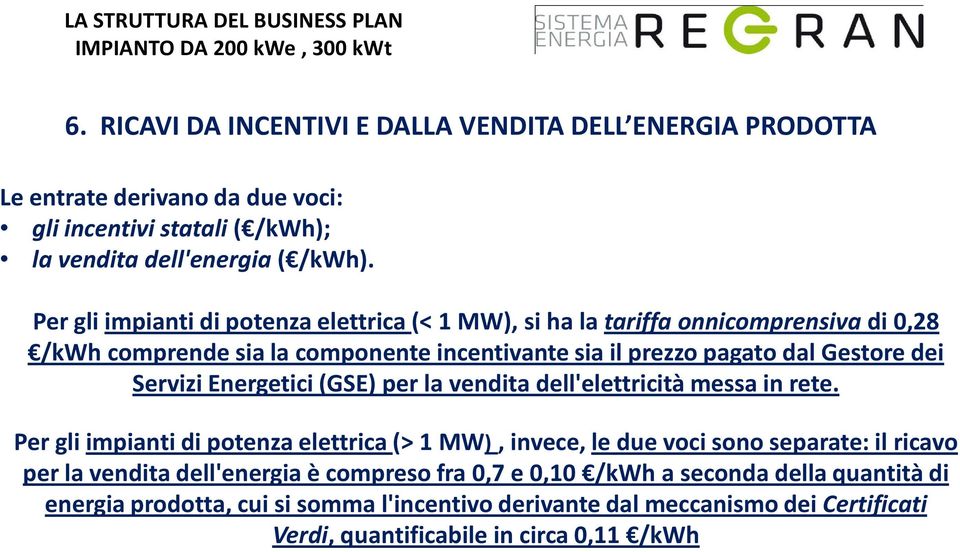 Servizi Energetici (GSE) per la vendita dell'elettricità messa in rete.