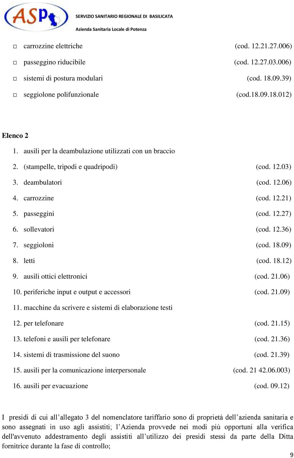 sollevatori (cod. 12.36) 7. seggioloni (cod. 18.09) 8. letti (cod. 18.12) 9. ausili ottici elettronici (cod. 21.06) 10. periferiche input e output e accessori (cod. 21.09) 11.