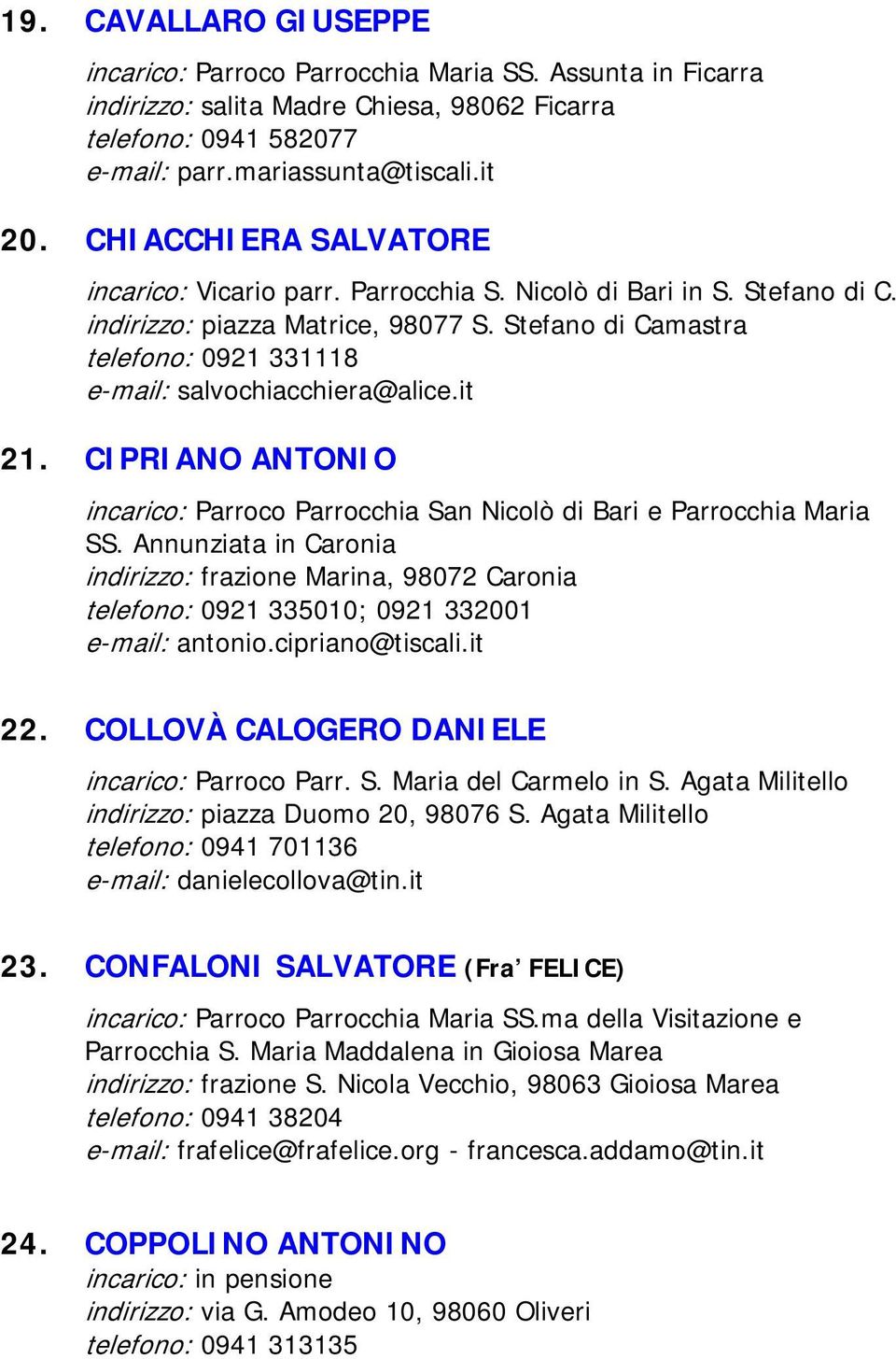 Stefano di Camastra telefono: 0921 331118 e-mail: salvochiacchiera@alice.it 21. CIPRIANO ANTONIO incarico: Parroco Parrocchia San Nicolò di Bari e Parrocchia Maria SS.