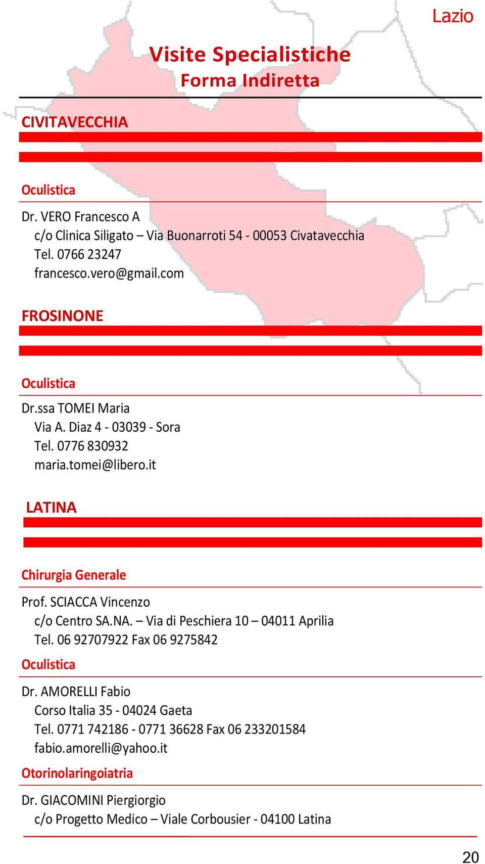 it LATINA Chirurgia Generale Prof. SCIACCA Vincenzo c/o Centro SA.NA. Via di Peschiera 10 04011 Aprilia Tel. 06 92707922 Fax 06 9275842 Oculistica Dr.