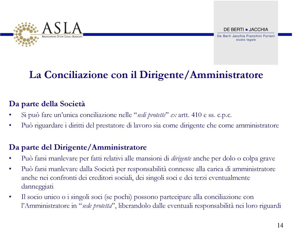 conciliazione nelle sedi protette ex artt. 410 e ss. c.p.c. Può riguardare i diritti del prestatore di lavoro sia come dirigente che come amministratore Da parte del