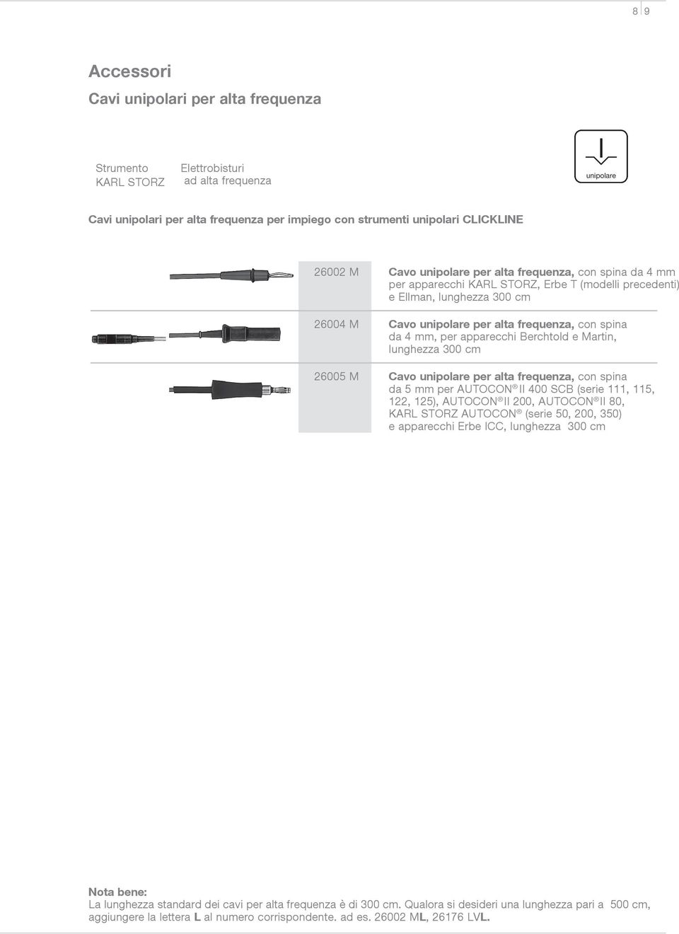 per apparecchi Berchtold e Martin, lunghezza 300 cm 26005 M Cavo unipolare per alta frequenza, con spina da 5 mm per AUTOCON II 400 SCB (serie 111, 115, 122, 125), AUTOCON II 200, AUTOCON II 80, KARL