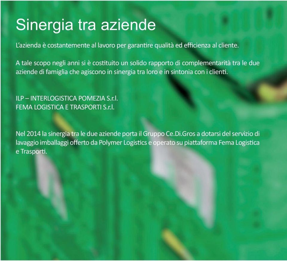 tra loro e in sintonia con i clienti. ILP INTERLOGISTICA POMEZIA S.r.l. FEMA LOGISTICA E TRASPORTI S.r.l. Nel 2014 la sinergia tra le due aziende porta il Gruppo Ce.