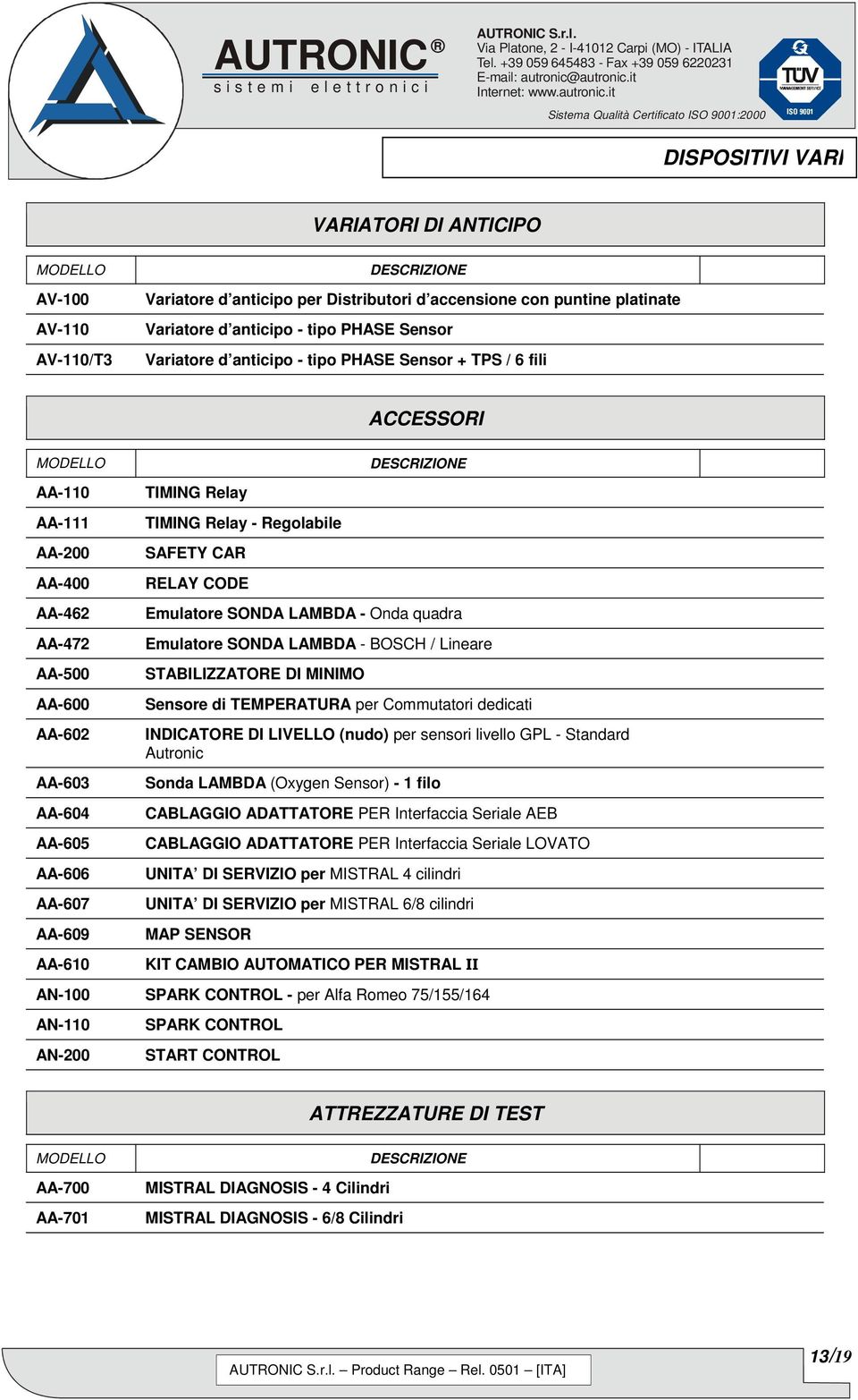 tipo PHASE Sensor + TPS / 6 fili ACCESSORI AA-110 AA-111 AA-200 AA-400 AA-462 AA-472 AA-500 AA-600 AA-602 AA-603 AA-604 AA-605 AA-606 AA-607 AA-609 AA-610 TIMING Relay TIMING Relay - Regolabile