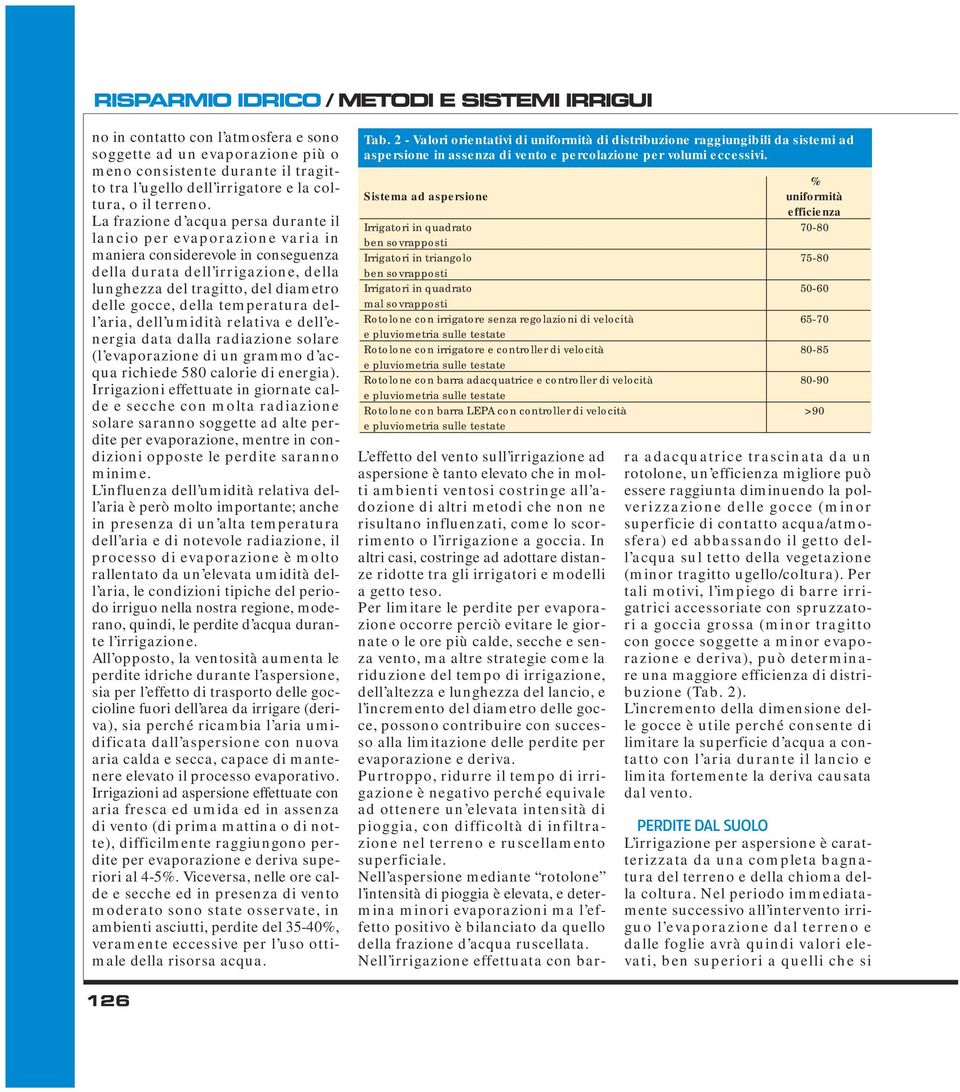 La frazione d acqua persa durante il lancio per evaporazione varia in maniera considerevole in conseguenza della durata dell irrigazione, della lunghezza del tragitto, del diametro delle gocce, della