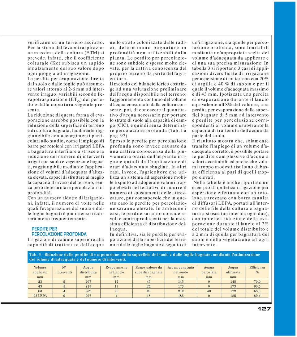 La perdita per evaporazione diretta dal suolo e dalle foglie può assumere valori attorno ai 2-6 mm ad intervento irriguo, variabili secondo l evapotraspirazione (ET o ) del periodo e della copertura