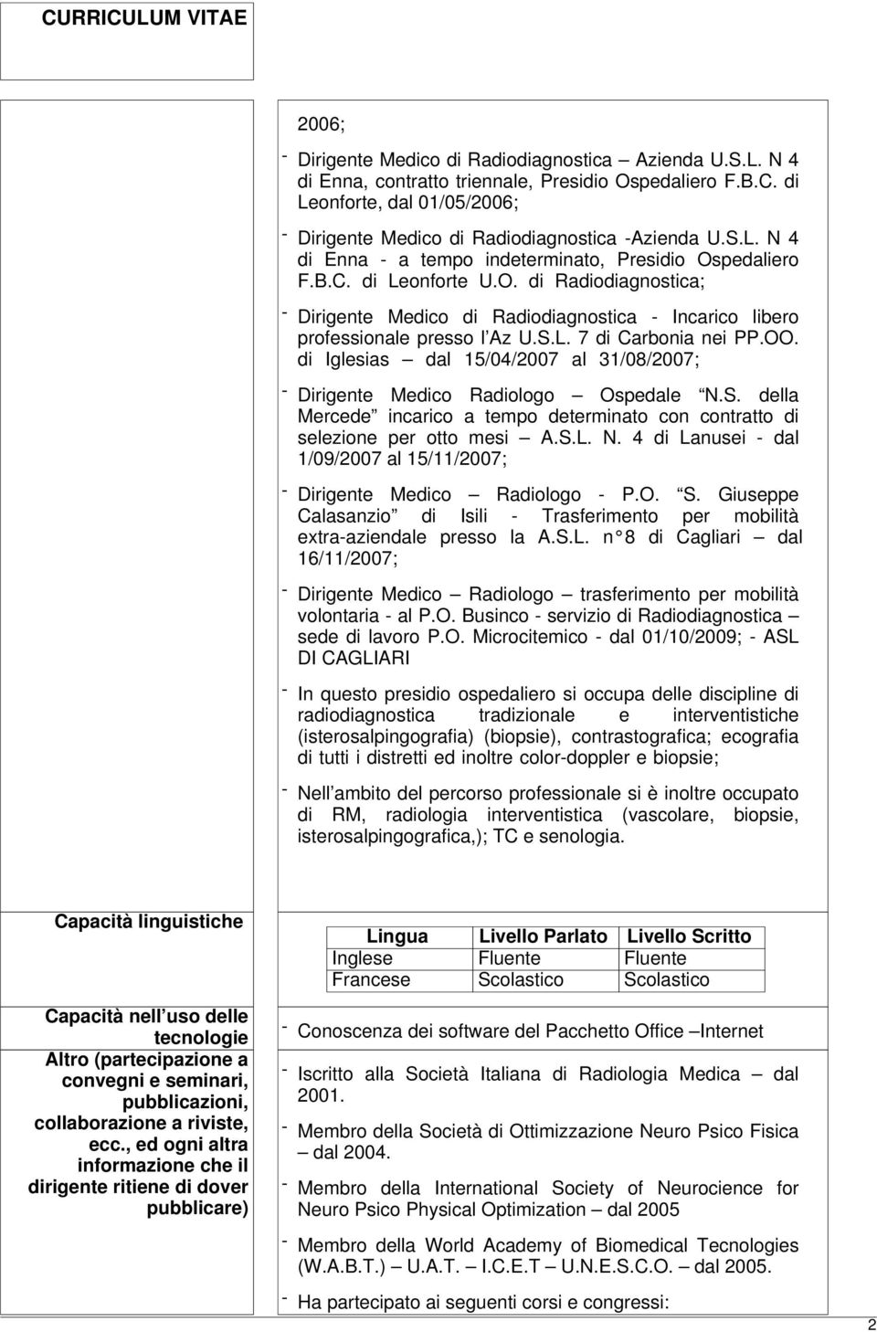 pedaliero F.B.C. di Leonforte U.O. di Radiodiagnostica; - Dirigente Medico di Radiodiagnostica - Incarico libero professionale presso l Az U.S.L. 7 di Carbonia nei PP.OO.