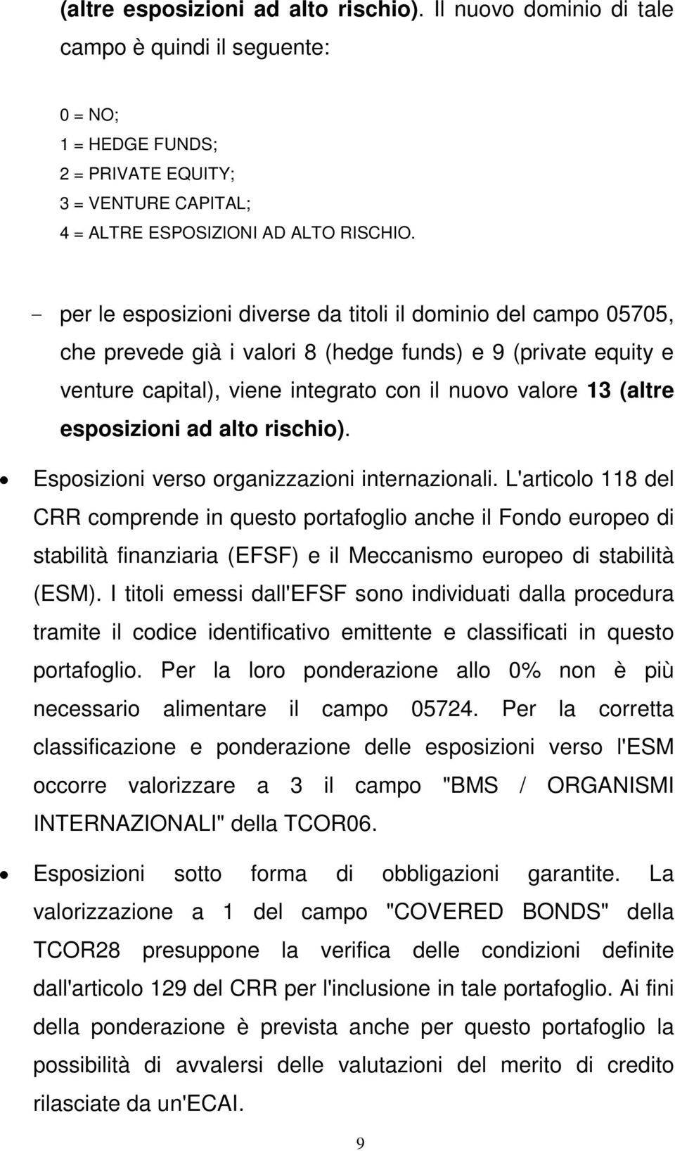 esposizioni ad alto rischio). Esposizioni verso organizzazioni internazionali.