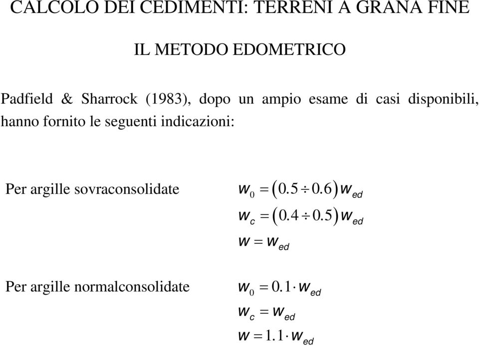 hanno fornito le seguenti indicazioni: Per argille sovraconsolidate